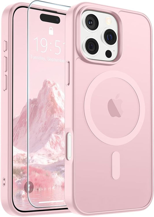 SUPFINE Magnetic for iPhone 16 Pro Case with Screen Protector (Compatible with MagSafe) (Military Grade Drop Protection) Translucent Matte Shockproof Phone Cover,Light Pink