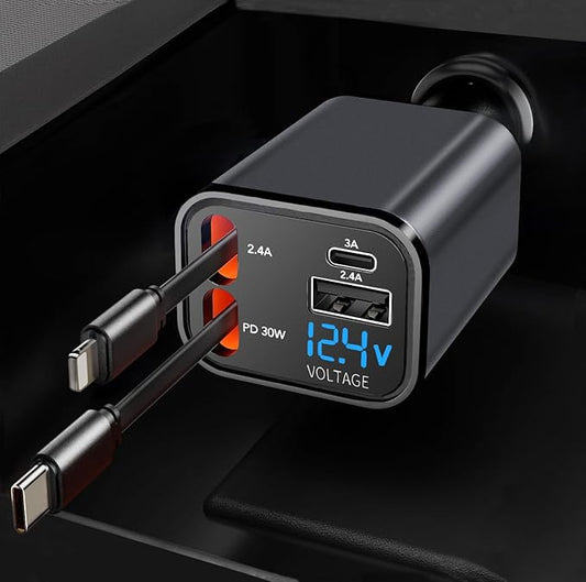 Retractable Car Charger, 4 in 1 Fast Car Charging USB c,Road Trip Essentials,Travel Essentials Gifts for Women Men, Car Accessories for iPhone 16 15 14 13 12, Samsung, Black