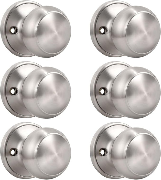 KNOBWELL 6 Pack Brushed Nickel Dummy Door Knob, Single Sided Handle for Closets, French Double Doors, and Pantry, Satin Nickel One Side Non-Turning Interior Push/Pull Door Knob