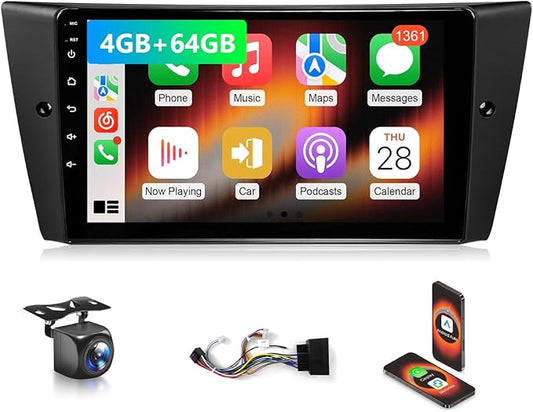 VQU 4G+64G Car Radio for BMW 3 Series 328i 335i 325i 2005-2011 Apple CarPlay Android Auto, 9 Inch IPS Touchscreen for 128i Stereo for BMW E90/E91/E92/E93 GPS Navi FM DSP SWC BT Rear Camera, No Fiber