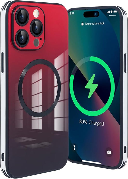 Guppy Compatible with iPhone 12 Pro Max Magnetic Case, Magnetic Gradient Case with Charging, Gradient Glass Back Cover with Lens Film-Red