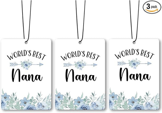 Nana Grandma Gifts Car Air Freshener Accessories 3pcs, World's Best Gifts for Granmda Christmas, Blue Flower Rustic Hanging Scent Lavender Fragrance Card for Women Closet Bathroom Home Decor