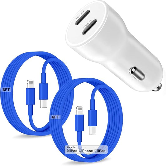 iPhone 14 13 Car Charger, Certified 45W Dual Port USB C Rapid Apple Car Adapter with 6ft Type C to Lightning Cable Fast Charging for iPhone 14 Pro/14 Pro Max/14 Plus/13/12/11/X/XS/SE,iPad-Blue