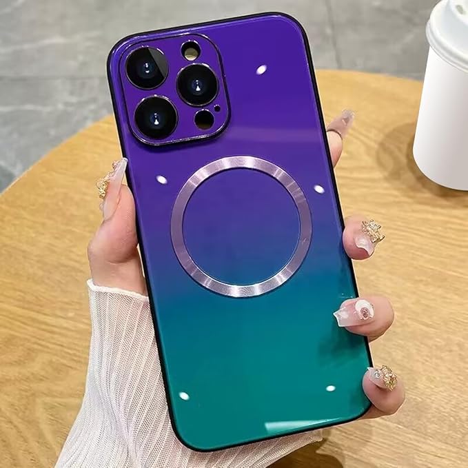 Guppy Compatible with iPhone 15 Pro Max Case Magnetic, with Full Camera Lens Protector [Compatible with MagSafe] Scratch Resistant Gradient Glass Back Cover Phone Case-Purple