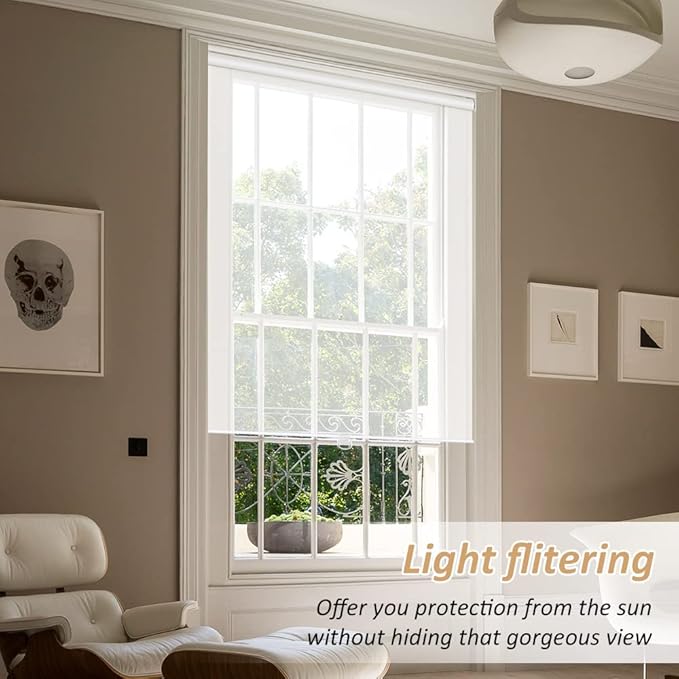 LUCKUP Light Filtering Roller Shades for Windows, Cordless Semi Sheer Solar Blinds with 5% Openness Free-Stop Window Shades for Home & Office, White 38" W x 72" L