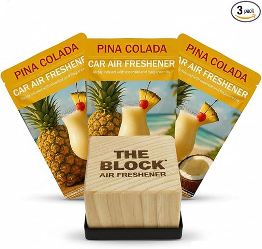 The Block - Wooden Car Air Freshener & Odor Eliminator - Long Lasting 30+ Day Scent - Car & Home Use - Fresh Gift Idea - Made in USA - Pina Colada 3-Pack