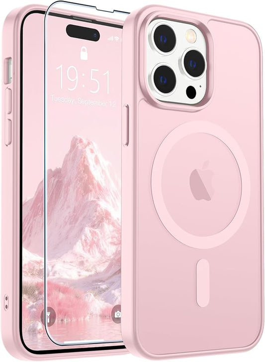 SUPFINE Magnetic for iPhone 14 Pro Max Case with Screen Protector (Compatible with MagSafe) (Military Grade Drop Protection) Translucent Matte Shockproof Phone Cover,Light Pink