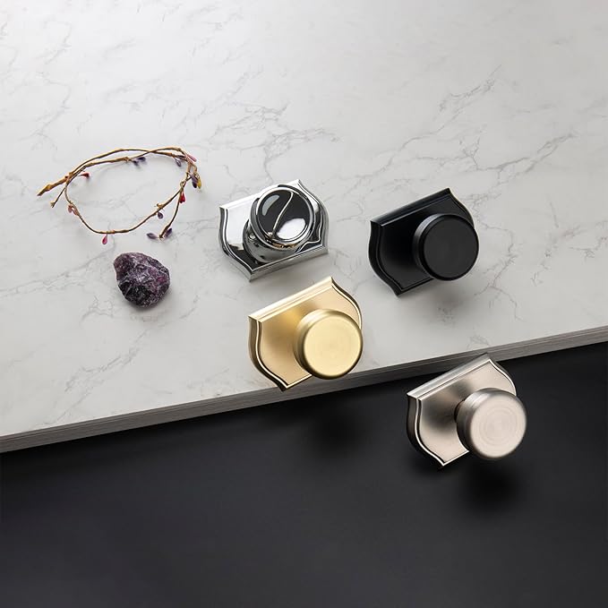 Interior Pismo Doorknobs for Hall, Gold Door Knobs with Camelot Trim, Satin Brass Door Knob with Lock