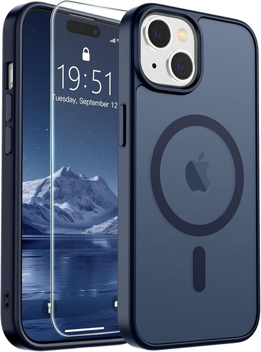 SUPFINE Magnetic for iPhone 15 Case with Screen Protector (Compatible with MagSafe) (Military Grade Drop Protection) Translucent Matte Shockproof Phone Cover,Dark Blue