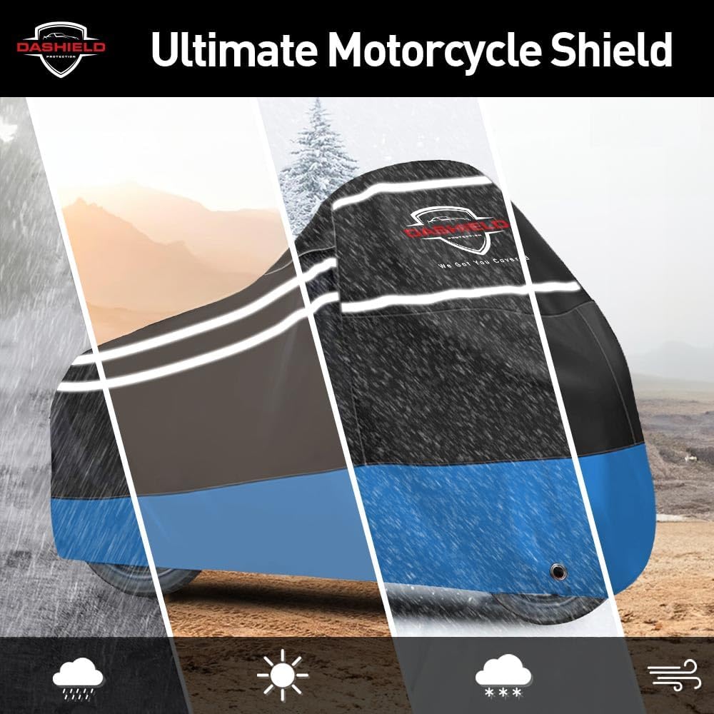 Ultimum Series Motorcycle Cover Waterproof All Weather Protection Universal Heavy Duty Night Reflector with Lock-Holes Compatible with Suzuki Harley Davidson Kawasaki Yamaha Honda Blue XXL