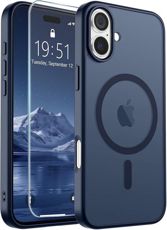 SUPFINE Magnetic for iPhone 16 Case with Screen Protector (Compatible with MagSafe) (Military Grade Drop Protection) Translucent Matte Shockproof Phone Cover,Dark Blue