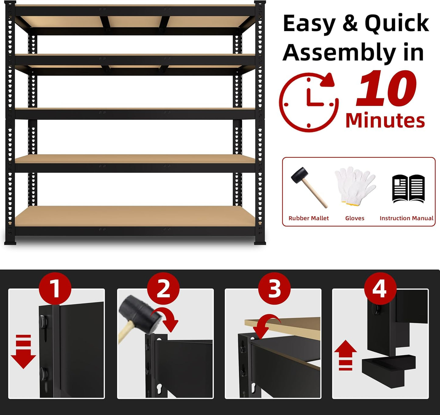 4 Packs 48" W x 24" D x 72" H Adjustable Garage Storage Shelves - 5-Shelf Heavy Duty Shelving Unit, Metal Utility Storage Organizer Racks for Warehouse Pantry Closet Kitchen, Black