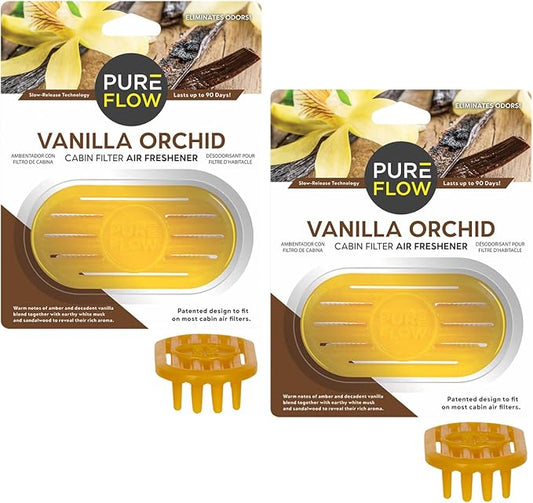 PUREFLOW Cabin Filter Air Freshener with Odor Eliminator - Fits on Most Car, Truck, and SUV Cabin Air Filters - Vanilla Orchid (Pack of 2)