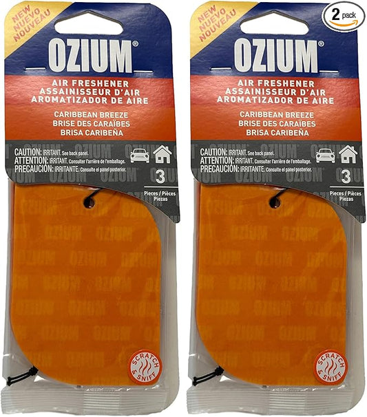 Ozium Paper Hanging Car Air Freshener with Odor Eliminator for Car - Refresh Your Ride with Automotive Air Fresheners, 3 Pieces (Caribbean Breeze, 2 Packs)