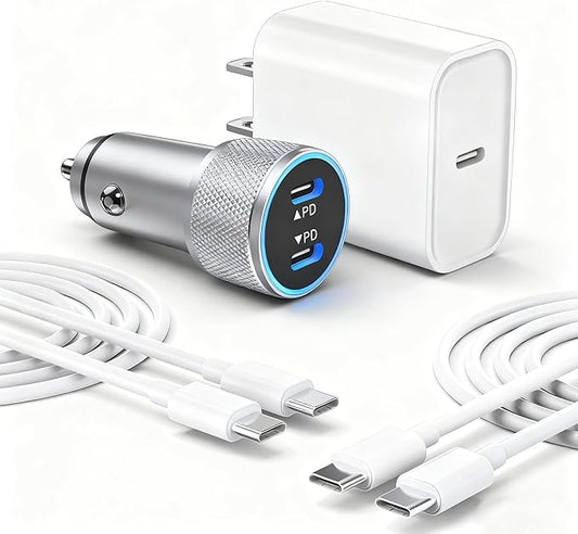 iPhone 17 16 15 Car Charger, 20W Dual Port USBC Fast Car Charger with 20W PD Type C Adapter + 2Pack 3FT USB C to C Charging Cable Fast Charging for iPhone 17/17 Pro/Air/16e/16/15 Pro Max/Airpods/iPad