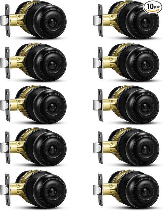 Plustool 10 Pack Matte Black Door knobs, Keyless Interior Door Locks, Round Ball Keyless Doorknobs with Lock Privacy Door Handle for Bedroom Bathroom
