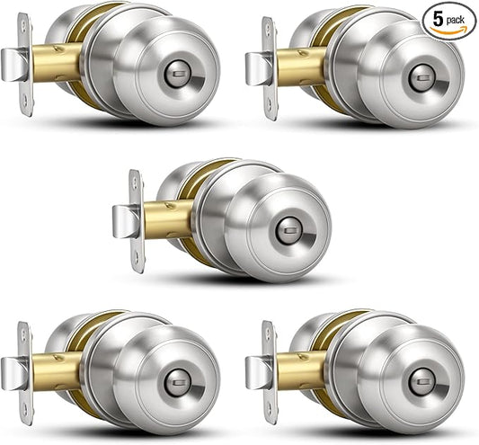 Plustool 5 Pack Brushed Nickel Door Knobs,Privacy Door Knob with Lock, Interior Doorknobs Silver, Keyless Door Locks Set for Bedrooms Bathrooms, Reversible for Left/Right Door Handle