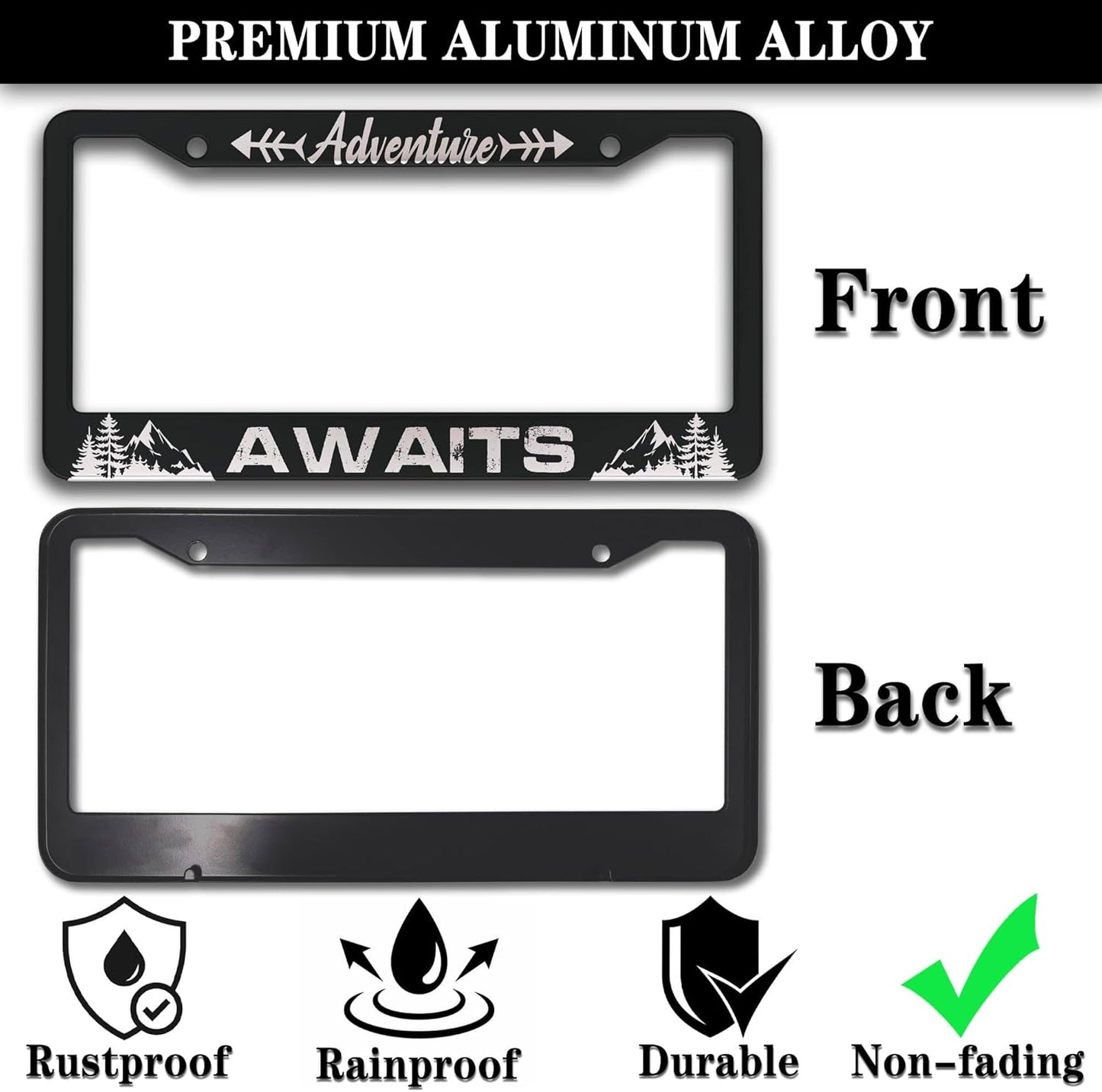 License Plate Frames for Men Black and White Car Plate Frames for Women Adventure Awaits Aluminum Metal Car Accessory 2 Pack with Screw Covers Set