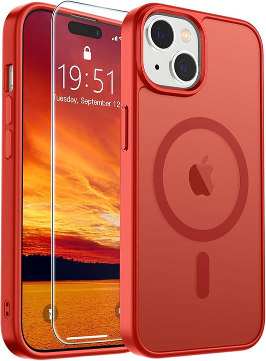 SUPFINE Magnetic for iPhone 15 Case (Compatible with MagSafe) (Military Grade Drop Protection) Slim Translucent Matte Shockproof with Anti-Fingerprint Phone Case, Red