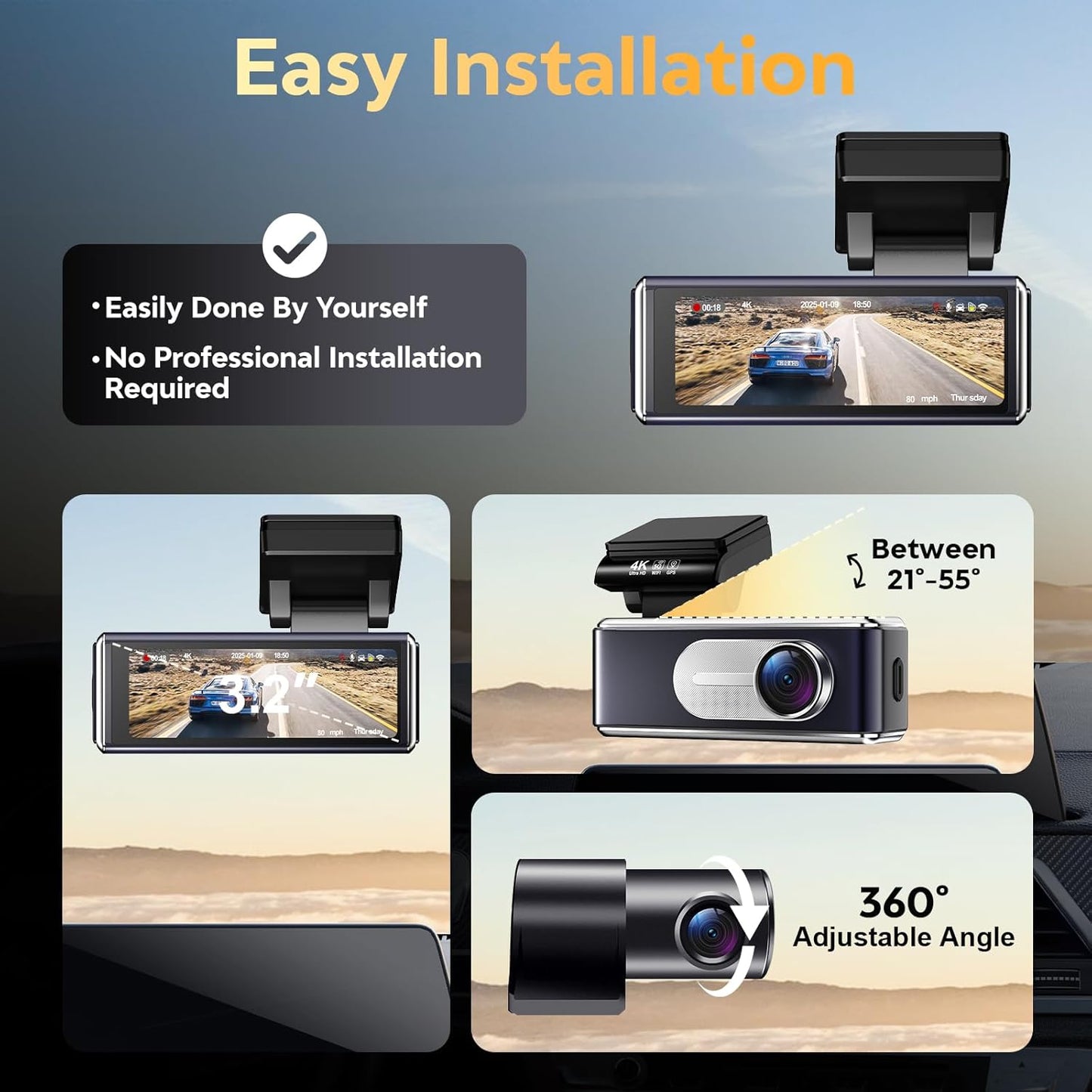 Dash Cam Front and Rear - 4K HD Dual Dash Camera for Cars, Built-in 5G WiFi GPS, 64GB Card, Dashcam with 3.2" IPS Screen, UHD Night Vision, HDR, App Control, 24H Parking Monitor