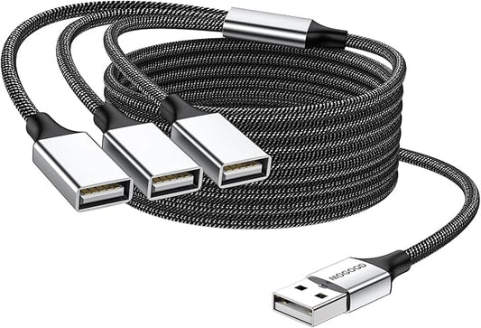 MOGOOD 3 in 1 USB Splitter Cable 2M, USB 2.0 Hub 1 Male to 3 Female Extension Cord, Multiport Adapter for Charging & Data Transfer, Compatible with Laptop, Mac, PC, PS4, Xbox, Switch, TV