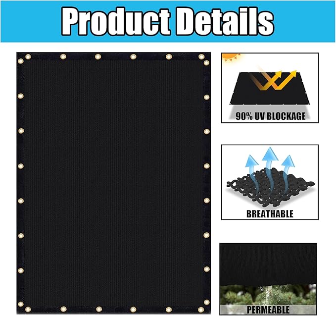 Amagenix 90% Shade Fabric 8'X 19' Black Sun Shade Cloth with Grommets for Pergola Replacement Shade Cover Canopy, Heavy Duty, Cable Zip Ties Included (We Customized)