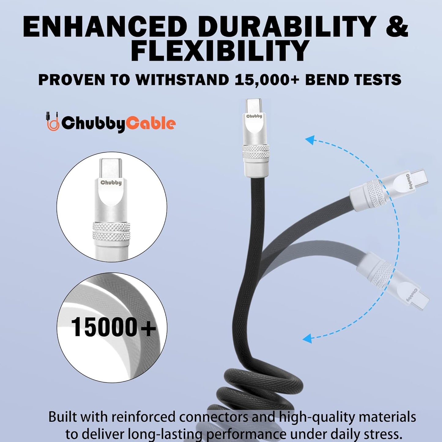 chubbycable Curly Chubby - Retractable Fast Charging Cable 240W Coiled Charger Cord for Car Durable USB-C Cable for Phones, Tablets and More, Yellow, USB-A to Type-C, 1.3FT-2.3FT
