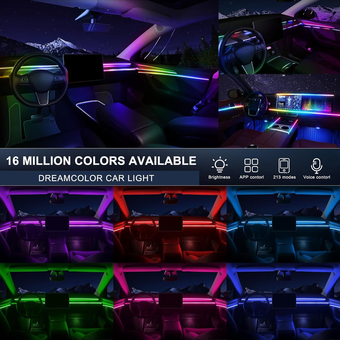 Dreamcolor Acrylic Interior Car LED Strip Light with USB/Type C, 47.24 inches Fiber Optic Ambient Lighting Kits, 16 Million Colors Sound Active Function