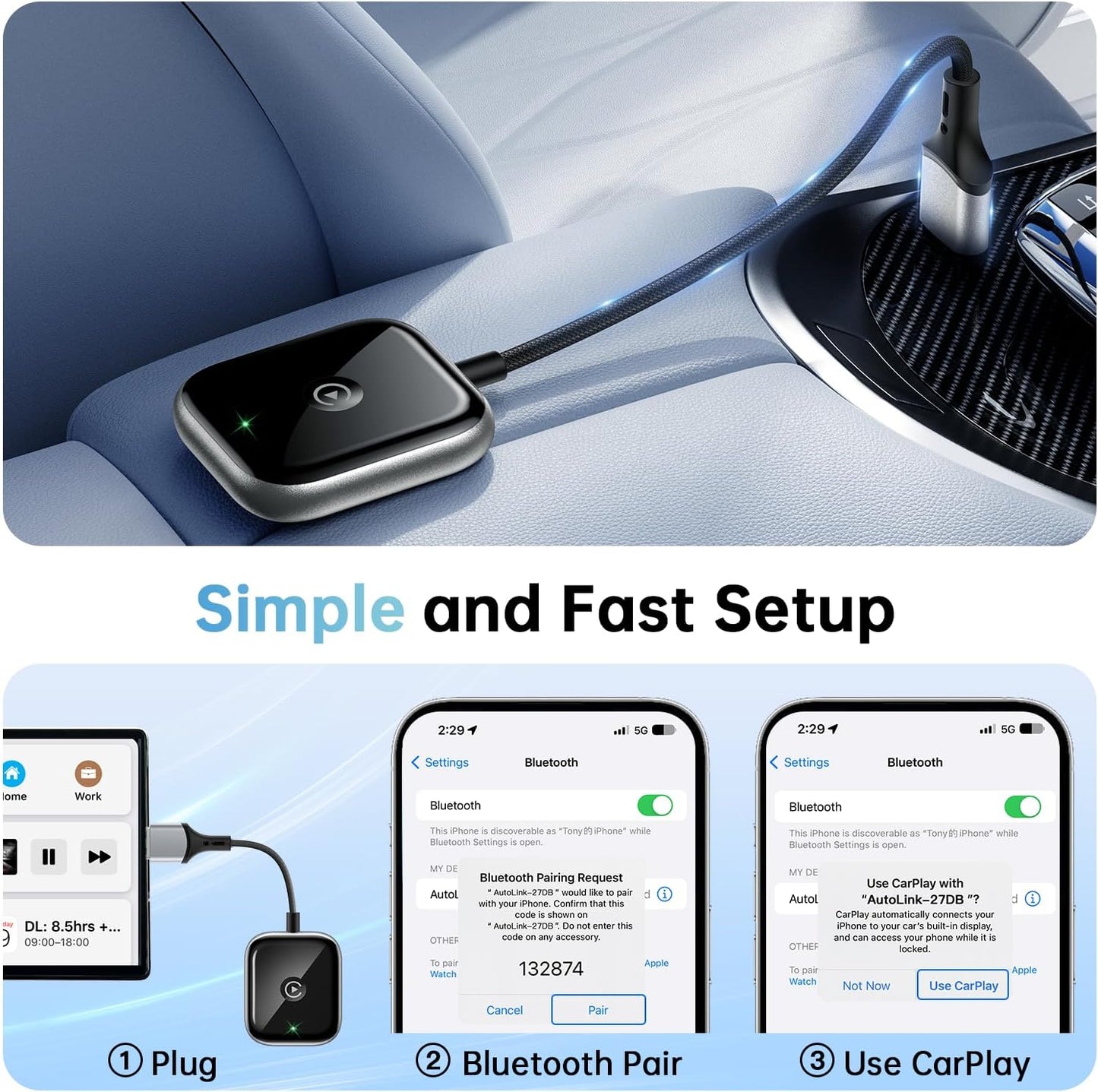 Wireless CarPlay Adapter for Apple CarPlay, Easy to Upgrade Wired CarPlay to Wireless, Instant Connectivity, Super Mini Car Play Dongle for iPhone Fit for Cars with Built-in CarPlay