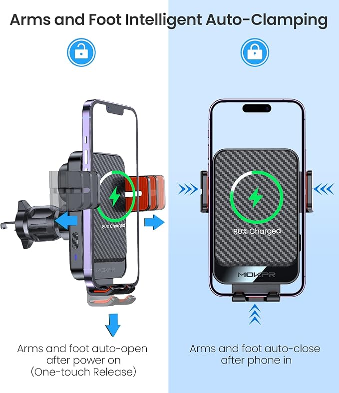 Wireless Car Charger, MOKPR 15W Fast Charging Auto-Clamping Car Mount Hands-Free Car Charger Mount for Dash Windshield Air Vent Compatible with iPhone 16 15/14/13/12, Samsung S23/S22/S21,red