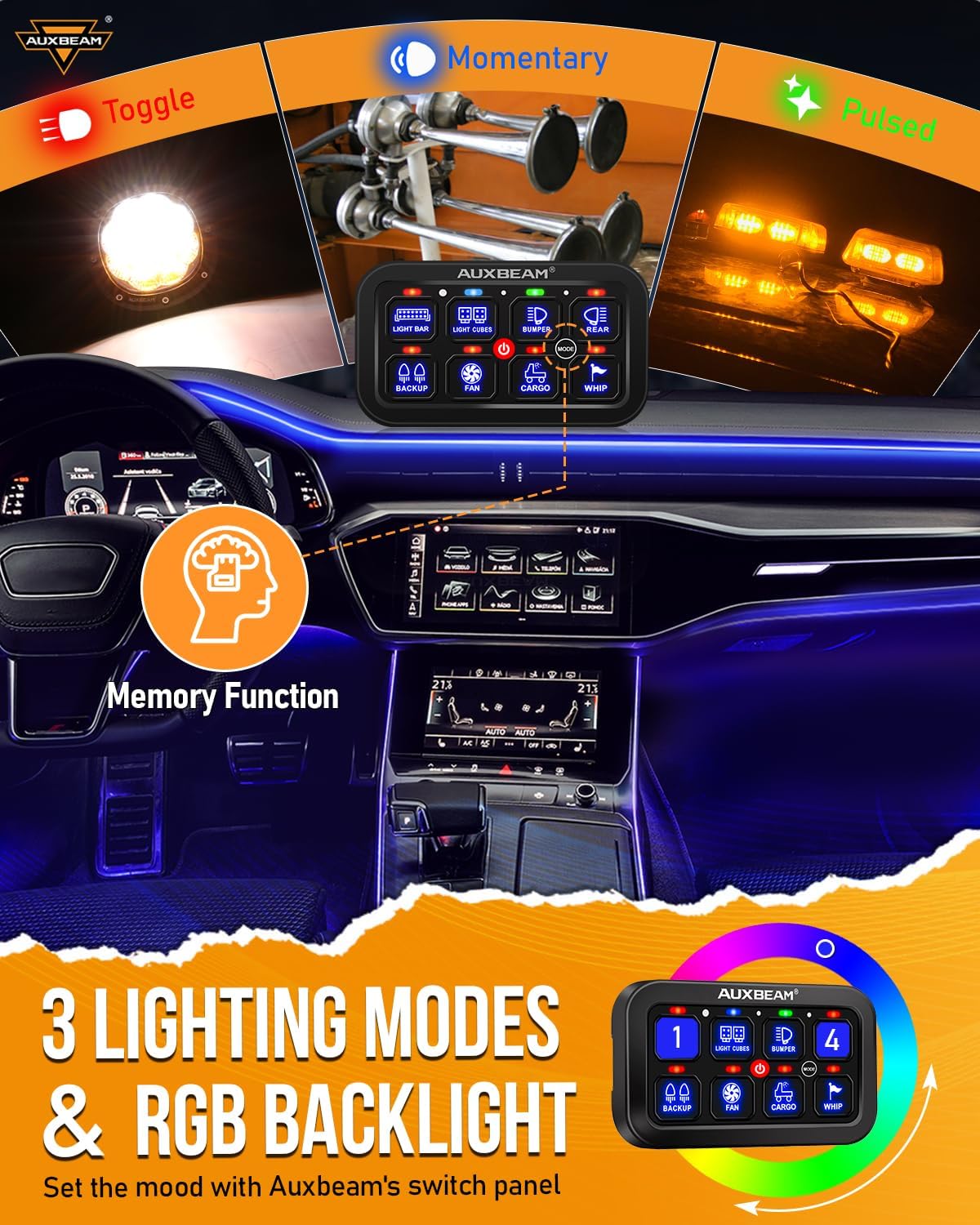 Auxbeam Switch Panel RB80 RGB 8 Gang Switch Panel Auto-Dimmable Multifunction Switch Panel w/Momentary Toggle Pulsed Memory, Aluminum Switch Panel for Truck Boat Car RV Waterproof, 2-Year Warranty