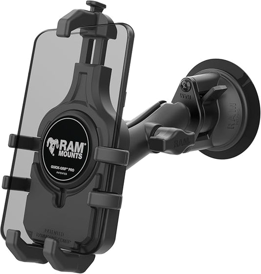 RAM MOUNTS Quick-Grip Pro Phone Mount with Twist-Lock Suction Cup and Medium Arm for Vehicle Windshields RAM-B-166-PD5U