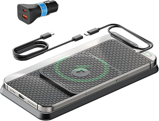 Wireless Car Charging Pad, Reestecqi 15W Fast Wireless Car Charger Pad Non Slip Charging Mat with 30cm Cable and 70cm Extension Compatible with iPhone 16 Pro/15/14/13 AirPods Samsung Google