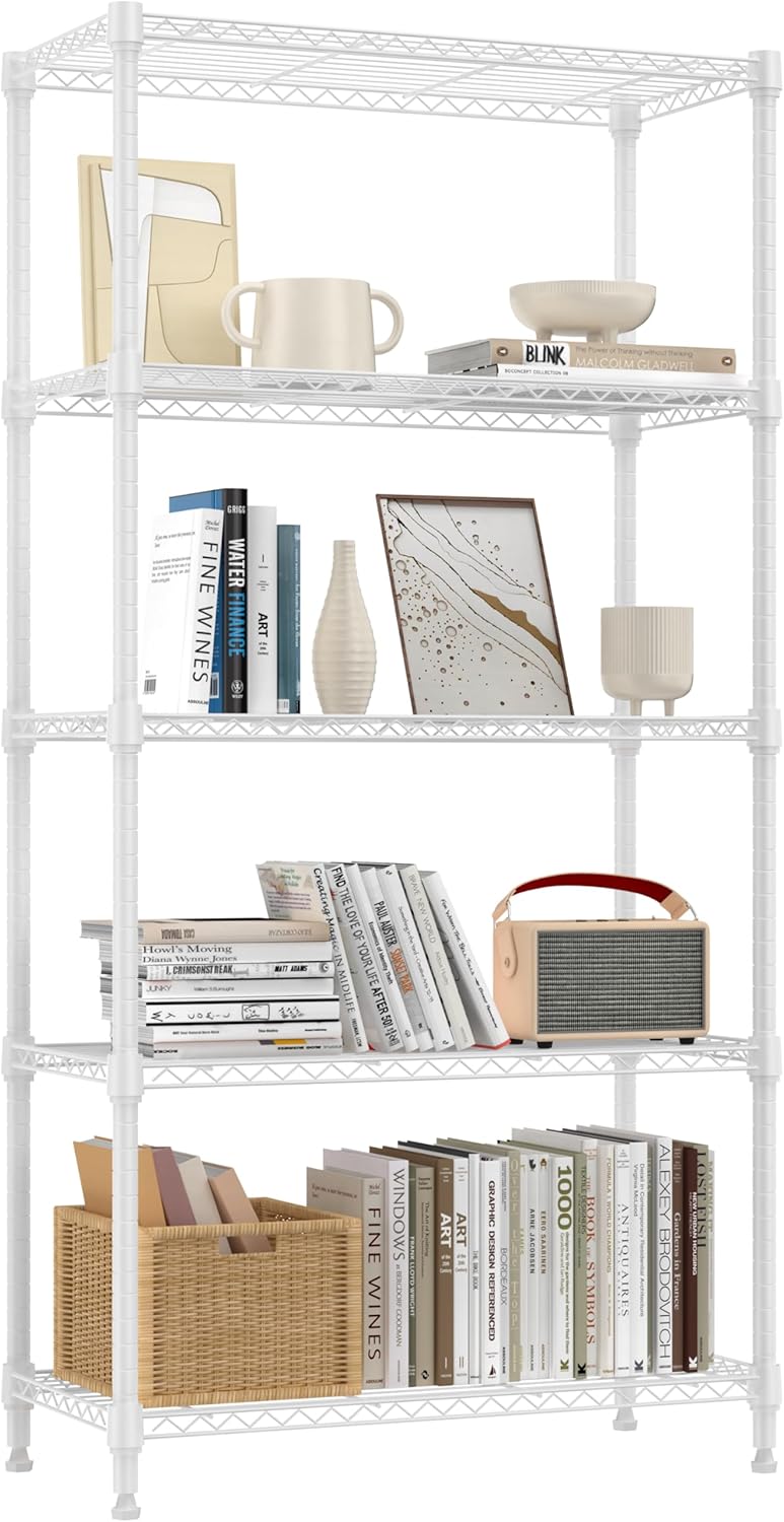 1250 lbs 5 Tier Shelf Metal Storage Shelves Wire Rack Closet Organizers for Garage Kitchen Bathroom Laundry White 11.8" D x 29.5" W x 59.5" H