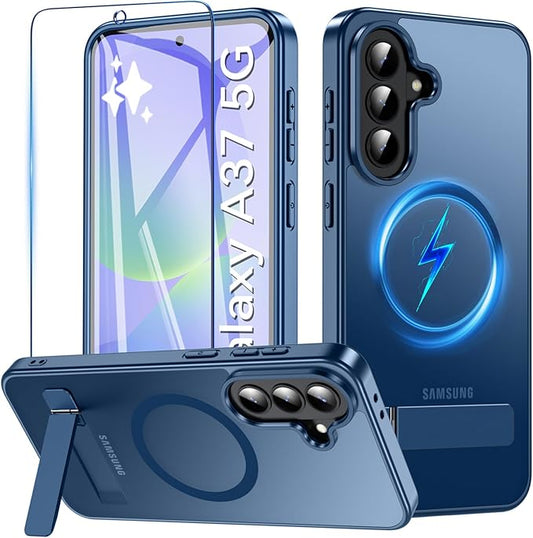 OWKEY for Samsung Galaxy A37 5G Case with Stand, Magnetic Shockproof Case Fit for Magsafe Translucent Matte Cover for Samsung A37, Blue