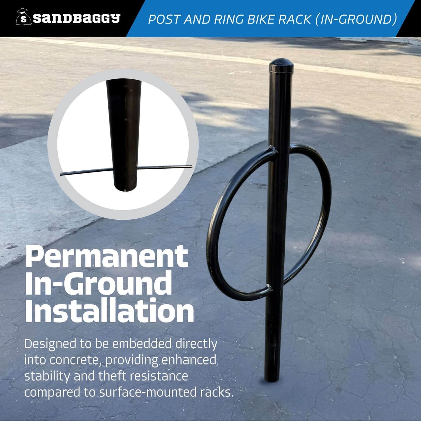 Sandbaggy Post and Ring Rack - In Ground - Commercial Outdoor Bike Parking & Storage Racks (White, 1)