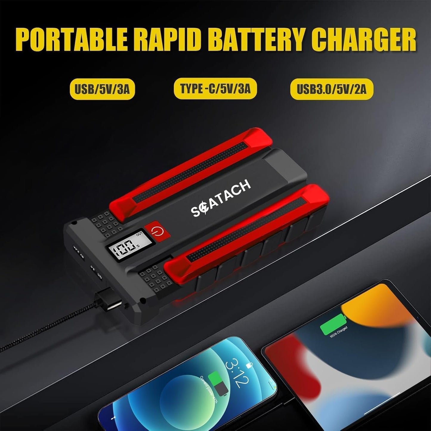 Scatach 002 3500A Car Battery Jump Starter,12V Jump Starter Battery Pack (up to 10.0L Gasoline and 8.0L Diesel Engine),12V Portable Jump Box with LED Display, 3 Modes Flashlight and Jumper Cable