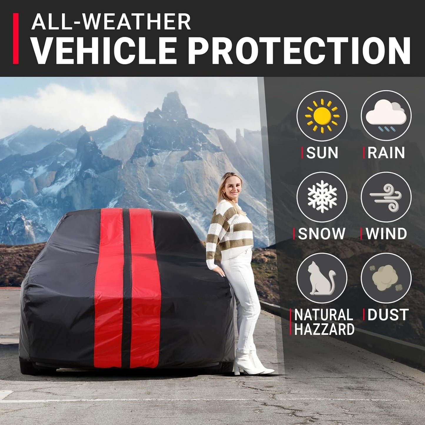 iCarCover Custom Car Cover for Buick Regal (1973-1977) Waterproof All-Weather Rain Snow UV Sun Protector Full Exterior Indoor Outdoor Car Cover (Stripe - Black/Red)