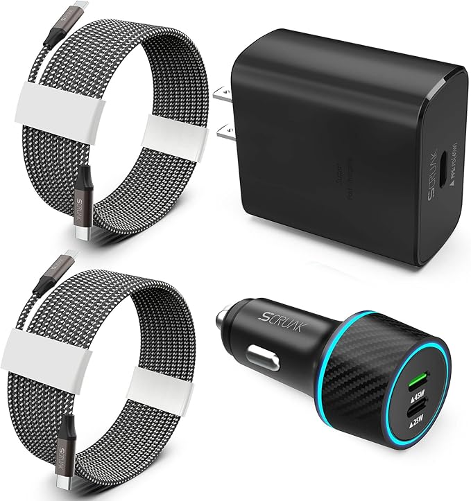 S24 S25 Ultra Charger Type C, SCRUAK 45W PPS Super Fast USB-C Wall/Car Charger for Samsung Galaxy S25 Ultra/S25+/S25/S24 Ultra/S24+/S23/S22/S20/Note 20/Note 10+(with 2X 3.3FT 5A Type C Cable)
