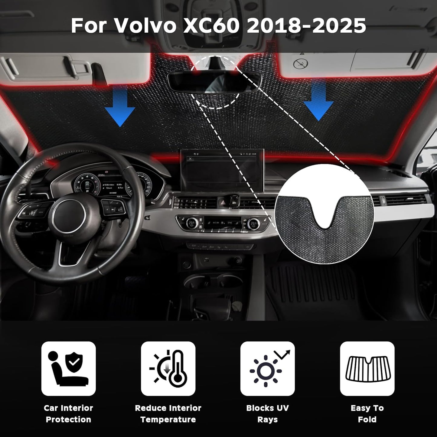 Windshield Sun Shade for Volvo XC60 2018-2025 - 5-Layer Bubble Foldable Front Window Shade Sun Visor Accessories - Blocks Heat & UV Rays