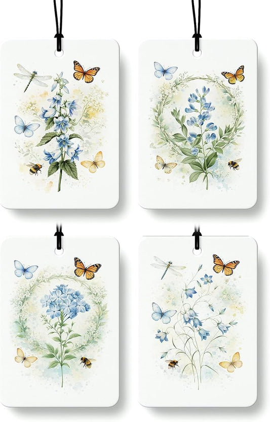 Blue Floral Butterfly Car Air Freshener 4 Pcs Coconut Scented, Cute Car Accessories Mirror Decor for Women, Cottagecore Flower Aesthetic Hanging Air Freshener for Cars Closet Drawer Books