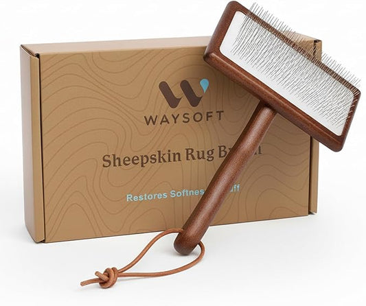 WaySoft Sheepskin Rug Brush with Premium Natural Beech Wood Handle, Restores Softness & Fluff, Gently Removes Dirt, Ideal for Sheepskin Rug Care, Includes Hanging Leather Strap for Easy Storage