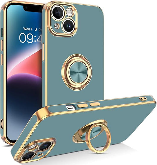 VENINGO iPhone 14 Case,Phone Cases for iPhone 14,Slim Fit Soft 360° Ring Holder Kickstand Magnetic Car Mount Supported Easy Clean Shockproof Protective Cover for Apple iPhone 14 6.1", Blue Grey/Golden