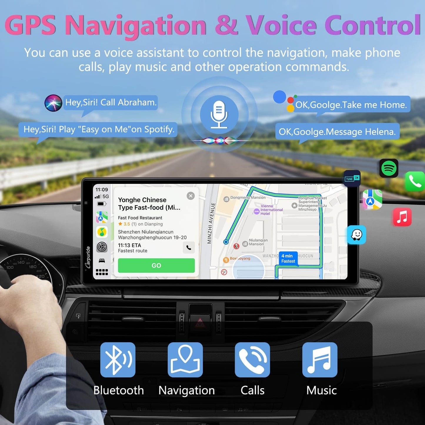 2025 CARPURIDE W903 Portable Carplay & Android Auto with Dash Cam - 9.3" HD IPS Screen, 4K Front &1080P Rear Cam, Loop Recording, Bluetooth, Mirror Link, GPS, Siri, Dashboard Mounted