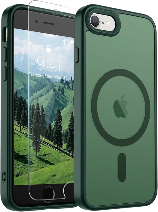SUPFINE Magnetic for iPhone SE Case 2022 (3rd)/2020 (2nd), iPhone 8 Case (Compatible with MagSafe) (Military Grade Drop Protection) Slim Translucent Matte Phone Case, Forest Green
