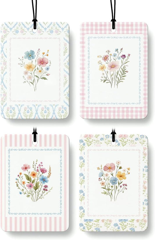 Retro Rustic Floral Car Air Freshener 4 Pcs Coconut Scented, Cute Girly Car Accessories Mirror Decor for Women, Cottagecore Flower Aesthetic Hanging Air Freshener for Cars Closet Drawer Books