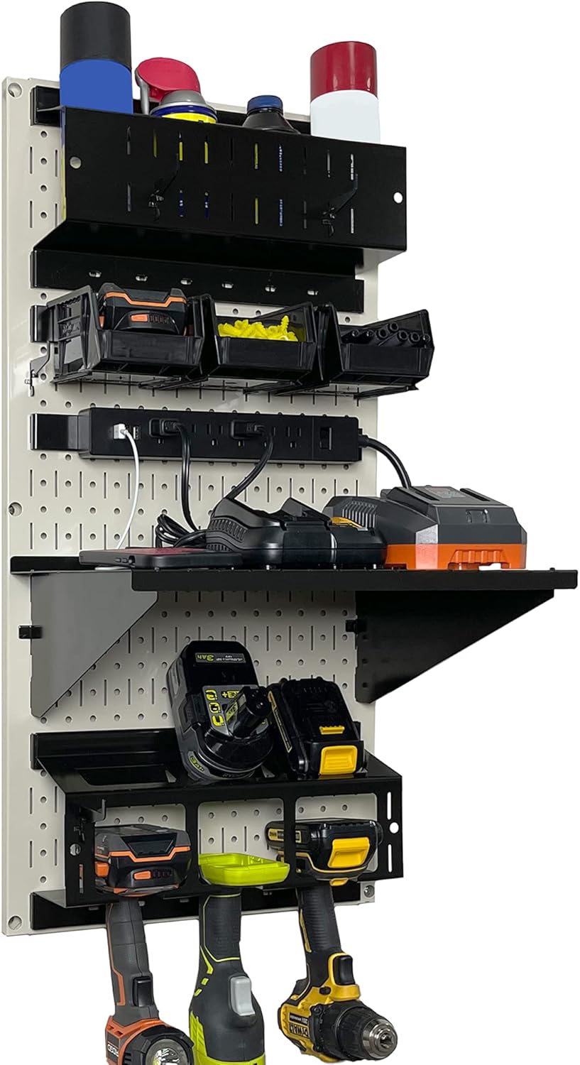 Wall Control Power Tool Storage Organizer Kit Cordless Drill Holder Charging Station Rack 16” x 32” Metal Pegboard Organization System (Beige Pegboard)