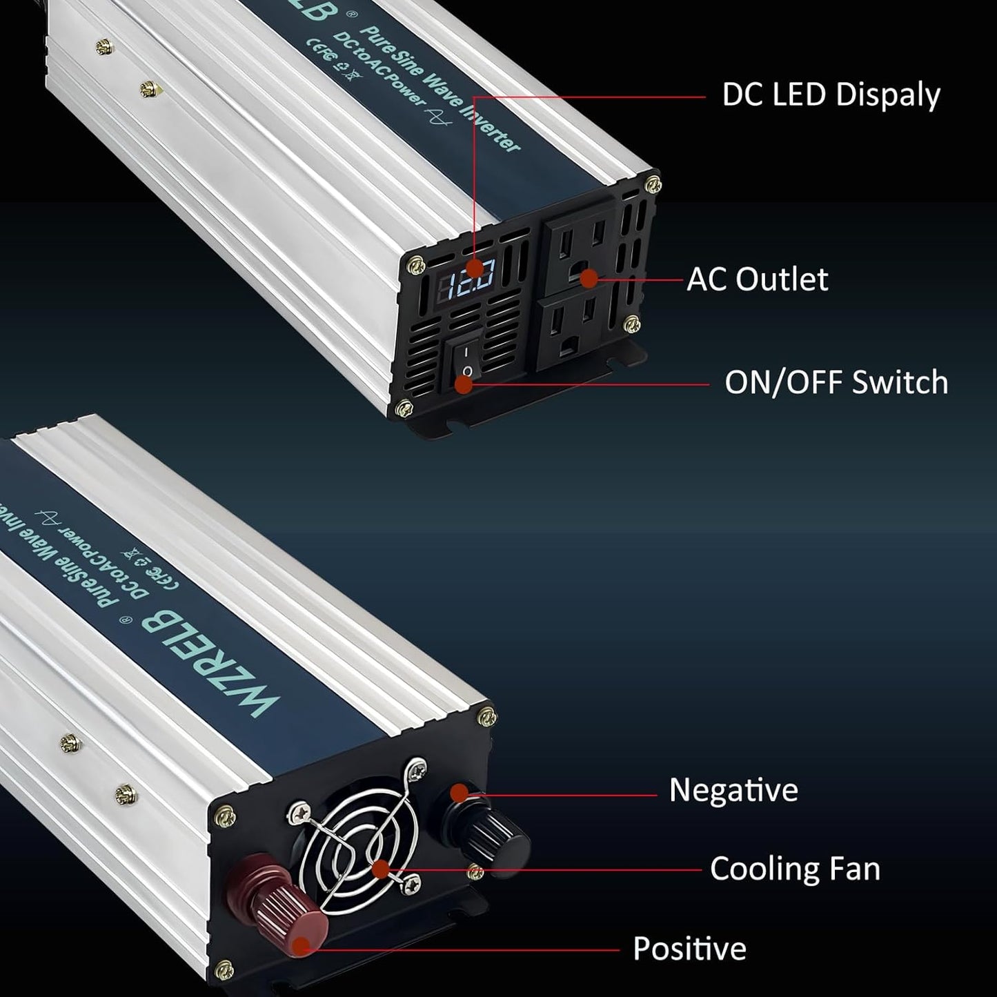 WZRELB 1200W Pure Sine Wave Inverter 48V DC to 110V 120V AC Power Converter with LED Display, Off-Grid Portable Power Inverter with 2 AC Outlets for Home, RV, Truck, Camping