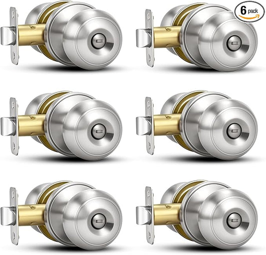 Plustool 6 Pack Brushed Nickel Door Knobs,Privacy Door Knob with Lock, Interior Doorknobs Silver, Keyless Door Locks Set for Bedrooms Bathrooms, Reversible for Left/Right Door Handle