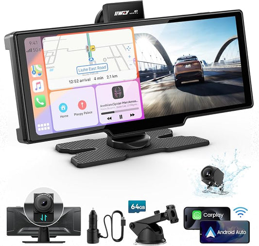 Portable Apple Carplay Screen, 10’’ Car Stereo Wireless Car Play & Android Auto Touch Screen, 4K Dash Cam, 1080P Backup Camera, Mirror Link/Voice Control/Music Play/GPS Navigation